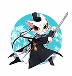 anthro asian_clothing chinese_clothing clothing east_asian_clothing fur melee_weapon paws simple_background solo sword weapon white_body white_fur lao_xian white_cat_legend li_bing_(white_cat_legend) domestic_cat felid feline felis mammal 2020