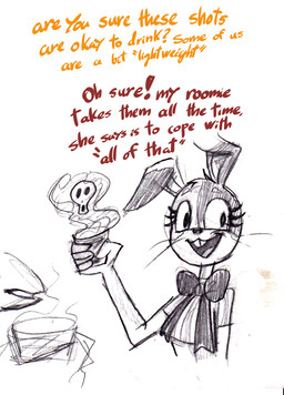 anthro bent_ears beverage bow_tie buckteeth clothing color_coded_text container cup dialogue duo exclamation_point eyelashes female fingers head_tuft holding_container holding_cup holding_object offscreen_character open_mouth shirt simple_background skull_symbol smile talking_to_another teeth text topwear tuft whiskers white_background soulcentinel five_nights_at_freddy's roommates:motha scottgames vanny_(fnaf) vanny_(soulcentinel) lagomorph leporid mammal rabbit 2022 english_text hi_res monochrome sketch traditional_media_(artwork)