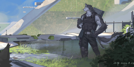 anthro arm_tuft black_bottomwear black_clothing black_nose black_pants black_topwear bottomwear clothed clothing duo elbow_tuft fur grey_body grey_fur holding_object holding_weapon inner_ear_fluff male male_anthro mouth_closed muscular muscular_anthro muscular_male neck_tuft outside pants plant shrub solo_focus standing topwear tuft weapon white_body white_fur white_inner_ear_fluff awaldkize canid canine mammal 2025 absurd_res dated hi_res signature