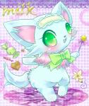 anthro blue_body blue_fur blush candy chest_tuft chocolate dessert eyelashes female flower food frilly fur green_eyes heart_symbol lollipop maid_headdress neck_bow open_mouth pink_body pink_fur plant semi-anthro solo text tuft mirun_migyu jewelpet sanrio sega sega_fave milky_(jewelpet) canid canine canis chihuahua domestic_dog mammal toy_dog