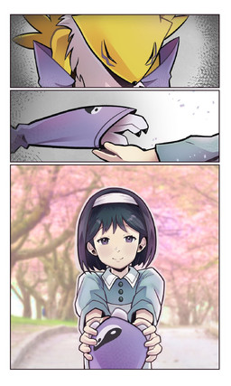3_fingers 3_panel_comic 5_fingers anthro black_claws black_hair black_nose border cherry_blossom cherry_blossom_tree cherry_tree claws clothing countershade_torso countershading duo extended_arm eyes_closed female fingers flower fruit_tree fur fur_markings hair hand_holding kneeling markings on_ground outside photo_background plant prunus_(flower) purple_body purple_clothing purple_eyes purple_fur smile tree white_body white_border white_countershading white_fur yellow_body yellow_fur yin_yang fortremy bandai_namco digimon digimon_survive digimon_(species) human mammal renamon 3:5 comic hi_res photography_(artwork)