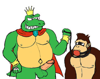 bracelet brown_body brown_fur cape clothing crown duo erection forced fur genitals gold_(metal) gold_bracelet gold_jewelry green_body green_scales headgear humanoid_genitalia humanoid_penis interspecies jewelry male male/male master muscular muscular_male nipples nude overweight pecs penis scales slave slightly_chubby unknown_artist donkey_kong_(series) nintendo donkey_kong_(character) king_k._rool ape crocodilian gorilla haplorhine kremling mammal primate reptile scalie