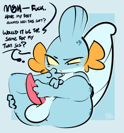 anthro anus autofootjob balls big_penis blue_body feet foot_fetish foot_play genitals imminent_incest male masturbation penis profanity solo spots tail tapering_penis text thinking 1upgobbo nintendo pokemon nah_(1upgobbo) generation_3_pokemon mudkip pokemon_(species) english_text hi_res