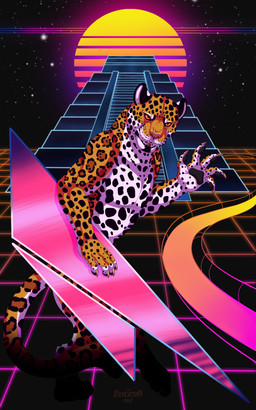 5_fingers abstract_background anthro claws fangs fingers fur gesture grid looking_at_viewer male markings muscular muscular_anthro muscular_male nude open_mouth orange_eyes pyramid sky solo spots spotted_body spotted_fur star starry_sky sun synthwave teeth tongue waving yellow_eyes silvergrin cert felid jaguar mammal pantherine 2018 absurd_res hi_res signature