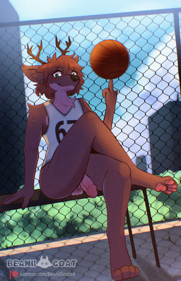 anthro antlers athletic athletic_male ball balls basketball_(ball) bench big_balls big_penis bodily_fluids bottomless brown_hair chain-link_fence clothed clothing day erection femboy fence genitals green_eyes hair horn humanoid_genitalia humanoid_penis male on_bench outside pawpads paws penis shirt shirt_only sitting sitting_on_bench solo spinning_ball sweat sweatdrop tank_top tank_top_only text topwear topwear_only wide_hips beanii deer mammal 9:14 absurd_res hi_res url