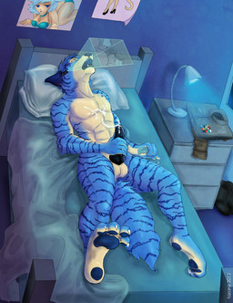 4_toes abs animal_genitalia animal_penis anthro athletic balls barefoot bed bed_sheet bedding bedroom biceps biped black_lips black_penis black_tongue blanket blue_body blue_fur blue_hair blue_nose blue_pawpads bodily_fluids canine_genitalia canine_penis claws cum cum_on_belly cum_on_body cum_on_chest cum_on_penis cum_on_self cum_string cumshot dripping ejaculation erection fangs feet fur furniture genital_fluids genitals hair high-angle_view hindpaw hologram inside knot lamp leaking lips lying male markings masturbation multicolored_body multicolored_fur muscular muscular_anthro nude on_back on_bed open_mouth orgasm pawpads paws pecs penile penile_masturbation penile_spines penis pillow pornography pose poster science_fiction sheath soles solo stripes tail tan_body tan_fur technology teeth toe_claws toes tongue two_tone_body two_tone_fur white_body white_fur yellow_eyes tazara erasmus canid canine felid fox hybrid mammal pantherine tiger 2013