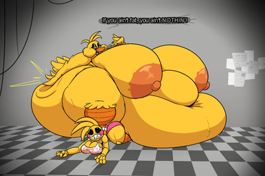 anthro areola beak belly belly_overhang big_areola big_belly big_breasts big_butt big_cheeks big_nipples black_eyes black_sclera blonde_hair blotchy_areola bra breasts butt butt_slap chubby_cheeks clothing deep_navel dialogue duo eating eating_food eyelashes female food glistening_eyelids hair holding_food holding_object huge_areola huge_belly huge_breasts huge_butt huge_cheeks huge_nipples huge_thighs hyper hyper_areola hyper_belly hyper_breasts hyper_butt hyper_thighs long_eyelashes machine morbidly_obese morbidly_obese_anthro morbidly_obese_female navel nipples nude nude_anthro nude_female obese obese_anthro obese_female open_mouth orange_areola orange_beak orange_nipples overweight overweight_anthro overweight_female panties pink_cheeks pink_clothing pink_panties pink_underwear pizza scuted_legs scutes sitting sitting_on_another slap slapping_own_butt slapping_self speech_bubble tail text text_on_clothing thick_thighs underwear white_bra white_clothing white_eyes white_underwear yellow_body yellow_tail puffylove five_nights_at_freddy's five_nights_at_freddy's_2 five_nights_at_frickbear's five_nights_at_frickbear's_(series) five_nights_at_frickbear's_2 five_nights_at_frickbear's_3 scottgames chica_(fnaf) chica_(frickbear's) frickbears_classic_chica toy_chica_(fnaf) animatronic avian bird chicken galliform humanoid phasianid robot robot_anthro robot_humanoid 2026 cel_shading colored digital_media_(artwork) english_text hi_res shaded
