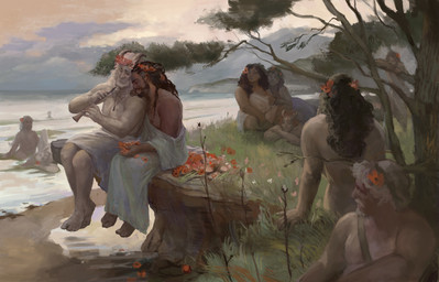 accessory ambiguous_gender beach beard black_hair clothing dark_body dark_skin facial_hair female flower flower_in_hair group hair hair_accessory holding_musical_instrument holding_object horn jewelry male musical_instrument nature nature_background necklace not_furry on_ground outside pale_skin plant sky toga tree white_hair julie_dillon european_mythology greek_mythology mythology pastoral_(rupert_bunny) castor_arcadian silas_lockhart aasimar humanoid nymph satyr english_description inspired_by_formal_art