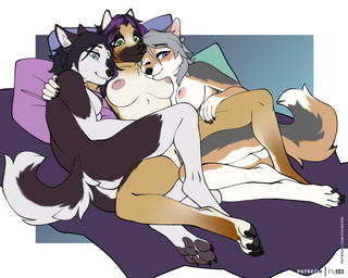 anthro areola bedding big_breasts black_body black_fur black_hair blanket blue_eyes breasts cheek_tuft chest_tuft cuddling facial_markings facial_tuft female fur genitals green_eyes grey_body grey_fur grey_hair group hair hand_on_leg hand_on_shoulder hand_on_thigh happy head_markings highlights_(coloring) inner_labia lying markings mask_(marking) medium_breasts nipples nude on_back on_side one_eye_closed outer_labia pawpads paws pillow purple_eyes purple_highlights short_hair simple_background spread_legs spreading tail tan_body tan_fur trio tuft vulva white_body white_fur foxboy83 oshu_(oshavawhalen) canid canine canis domestic_dog german_shepherd herding_dog husky mammal nordic_sled_dog pastoral_dog spitz 5:4 colored digital_media_(artwork) flat_colors hi_res