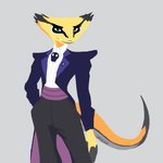 anthro blue_eyes clothed clothing femboy jacket looking_at_viewer male multicolored_body simple_background standing tail topwear yellow_body uglycoal deadlock valve viper_(deadlock) reptile scalie 1:1 aliasing binary_drawing digital_drawing_(artwork) digital_media_(artwork) shaded simple_shading