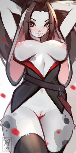 anthro areola biped breasts brown_eyes brown_hair clothed clothed_anthro clothed_female clothing exposed_breasts female floppy_ears front_view fur genitals grey_body grey_fur hair legwear looking_at_viewer lop_ears markings nipples open_clothing open_topwear pantsless pantsless_anthro pantsless_female partially_clothed partially_clothed_anthro partially_clothed_female solo spots spotted_body spotted_fur thigh_highs topwear vulva art-abaddon beverly_(athiesh) lagomorph leporid mammal rabbit 2025 digital_drawing_(artwork) digital_media_(artwork) hi_res