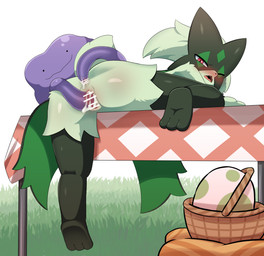 3_toes anal anal_penetration anthro barefoot basket blush bodily_fluids butt container cum cum_in_ass cum_in_vagina cum_inside double_penetration duo egg feet female furniture genital_fluids genitals green_body hindpaw male male/female one_eye_closed outside paws penetration pokemon_egg purple_body sex soles table tablecloth toes vaginal vaginal_penetration vulva sum nintendo pokemon ditto_(pokemon) generation_1_pokemon generation_9_pokemon meowscarada pokemon_(species) censored hi_res
