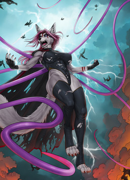 4_toes 5_fingers abs anthro black_hair black_nose cape clothed clothed_anthro clothed_female clothing electricity fangs feet female fingers fur hair hindpaw humanoid_hands legwear leotard lightning open_mouth paws pink_body pink_fur solo stockings teeth tentacles tentacles_from_body toes tongue torn_clothing mansilite canid canine canis mammal wolf hi_res
