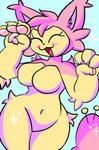 anthro anthrofied big_breasts breasts eyelashes eyes_closed featureless_breasts featureless_crotch female happy navel nude open_mouth open_smile paw_pose pokemorph pose simple_background smile solo tail wide_hips millie_dininnell nintendo pokemon generation_3_pokemon pokemon_(species) skitty hi_res