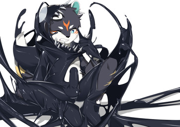 4_fingers anthro balls_outline black_body black_fur black_latex black_nose blue_eyes blue_inner_ear bound bulge clenched_teeth clothing detailed_bulge dipstick_tail duo erection erection_under_clothing eyebrows facial_markings fingers fur fur_markings genital_outline head_markings latex latex_clothing latex_skinsuit male markings one_eye_closed orange_body orange_fur penis_outline simple_background skinsuit struggling tail tail_markings takeover teeth tenting tight_clothing white_background white_body white_ears white_eyebrows white_fur white_tail_tip yellow_body yellow_fur young young_anthro young_male ygzzq marvel venom_(marvel) animate_inanimate canid canine canis domestic_dog living_clothing living_latex mammal absurd_res hi_res