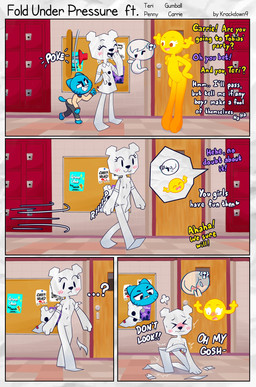 accessory anthro antlers blush bulletin_board clothing confusion covering covering_self dialogue dress embarrassed evil_grin exhibitionism eyes_closed female group gumball_(candy) hair_accessory hallway horn kneeling laugh loli male nude pose prank school shocked simple_background smile smug_face standing tearing_clothing tearing_own_clothing text torn_clothing white_background wings young krackdown9 cartoon_network the_amazing_world_of_gumball carrie_krueger penny_fitzgerald teri_(tawog) bear domestic_cat fairy felid feline felis ghost humanoid mammal paper_creature spirit comic english_text hi_res mixed_media pinup