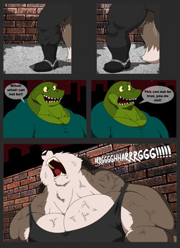 alley anthro big_muscles bodily_fluids boots bottomwear brick_wall brown_body brown_fur brown_hair building clothing duo fangs footwear fur green_body green_scales growth hair huge_muscles male markings mole_(marking) multicolored_body multicolored_fur multicolored_scales muscle_growth muscular muscular_anthro muscular_male night pants scales shirt shoes sleeveless_shirt speech_bubble sweat tan_body tan_fur teeth text tongue topwear two_tone_body two_tone_fur two_tone_scales vein veiny_muscles wall_(structure) xxsparcoxx craig_(xxsparcoxx) wildert_(xxsparcoxx) canid canine canis crocodile crocodilian mammal reptile scalie wolf 2015 comic digital_media_(artwork) english_text hi_res