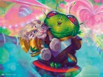 ambiguous_gender anthro armor barefoot big_eyes buckteeth copyright_symbol crossed_legs crowd double_chin feet futuristic green_body group heart_symbol holding_object holding_toy horizontal_pupils plushie prize pupils red_eyes solo symbol teeth text tooth_gap toy ernanda_souza hasbro magic:_the_gathering wizards_of_the_coast ajani_goldmane alien blorbian leonin 2021 4:3 artist_name official_art