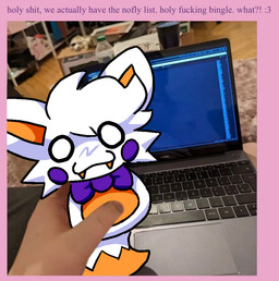 ambiguous_gender anthro bow_tie cheek_tuft dipstick_tail empty_eyes facial_tuft fangs first_person_view fur holding_another markings orange_body orange_fur profanity purple_bow_tie rosy_cheeks solo tail tail_markings teeth text tuft white_body white_eyes white_fur dyslexiadoe five_nights_at_freddy's five_nights_at_freddy's_world five_nights_at_frickbear's_(series) five_nights_at_frickbear's_3 holy_fucking_bingle scottgames lolbit_(fnaf) lolbit_(frickbear's) canid canine fox mammal 2026 digital_media_(artwork) english_text hi_res meme nonbinary_(lore)