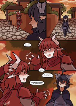 clawed_hands clothed clothing dark_hair dialogue duo hair horn humanoid_pointy_ears male monster_girl_(genre) outside pointy_ears red_eyes red_hair simple_background text yellow_eyes shriekingmagpie horned_humanoid humanoid comic digital_media_(artwork) english_text hi_res