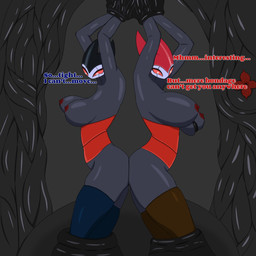 areola big_breasts black_body breasts captured crossgender duo female female/female flesh_wall gynomorph intersex nipples restraints tentacles text anonymous_artist hollow_knight_(franchise) team_cherry grimm_(hollow_knight) nightmare_king_grimm_(hollow_knight) shade_lord_(hollow_knight) humanoid tentacle_creature 1:1 english_text hi_res