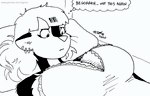 annoyed anthro big_breasts breasts cleavage clothed clothing ear_piercing ear_ring female fur hair implied_breast_expansion lying on_back piercing pillow ring_piercing solo thought_bubble whiskers tegerio zandar's_saga kelly_o'dor mammal mephitid skunk black_and_white monochrome