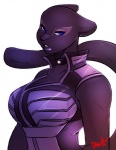 anthro big_breasts black_body black_fur black_nose breasts choker cleavage clothed clothing female fur jewelry lips looking_at_viewer necklace purple_eyes solo tail topwear vest luvon lena_panthera felid mammal pantherine 2012 half-length_portrait portrait