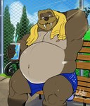 anthro belly bench beverage big_belly body_hair bottomwear brown_body brown_hair chest_hair clothed clothing detailed_background fence hair hand_behind_head holding_beverage holding_object male navel nipples obese obese_anthro obese_male overweight overweight_anthro overweight_male park_bench plant shorts sidewalk sitting solo towel tree tusks deadanthro henri_(deadanthro) bear mammal marine pinniped walrus 2021