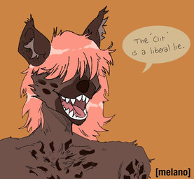 anthro dialogue female hair hair_over_eyes open_mouth orange_background pink_hair shitpost simple_background solo text melanolino marusha hyena mammal absurd_res digital_media_(artwork) english_text hi_res meme