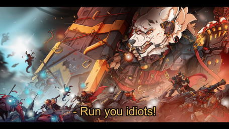 armor black_bars fight group gun larger_male machine macro male ranged_weapon scenery shield size_difference weapon thesociallyawkwardpinguin scavengers canid canine canis human mammal robot wolf absurd_res hi_res letterbox