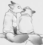 clothed clothing duo kissing male male/male smile gerardson disney zootopia gideon_grey nick_wilde canid canine fox mammal red_fox true_fox hi_res monochrome