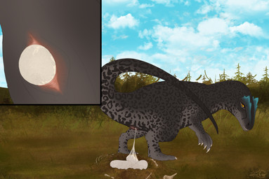 ambiguous_fluids animal_genitalia bodily_fluids cloaca cloaca_juice cloacal egg female feral forest_background genital_fluids genitals oviposition solo stretched_cloaca stretching holoeclvpse allosauroid dinosaur prehistoric_species reptile saurischian scalie theropod absurd_res hi_res