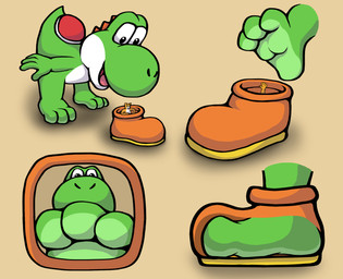 3_toes barefoot boots clothing curling_toes duo feet foot_crush foot_fetish foot_focus footwear green_body green_skin hindpaw looking_at_viewer looking_down macro male male/male micro paws plantigrade shoes size_difference smile soles spikes squish stomping toes kiwifizz mario_bros nintendo yoshi_(character) dinosaur green_yoshi prehistoric_species reptile scalie yoshi cel_shading comic hi_res shaded