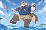 anthro barefoot belly bottomwear clothing eyebrows feet fishing fur grey_body grey_fur kemono low-angle_view male overweight overweight_anthro overweight_male pawpads scout_uniform shorts sog solo thick_eyebrows cai_yuwang lifewonders tokyo_afterschool_summoners moritaka_(tas) canid canine canis domestic_dog mammal absurd_res hi_res
