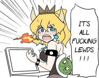 alternate_species armlet bare_shoulders blonde_hair blue_eyes blush bodily_fluids bracelet breasts breath_powers clothing computer crossgender crown dialogue dress ear_piercing ear_ring electronics elemental_manipulation eyebrows female fire fire_breathing fire_manipulation hair headgear horn humanoidized jewelry laptop looking_at_viewer open_mouth piercing profanity ring_piercing shell simple_background solo speech_bubble spiral spiral_eyes super_crown tears teeth text hako_kuma bowsette_meme mario_bros nintendo bowser animal_humanoid humanoid koopa_humanoid scalie scalie_humanoid english_text meme