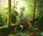 anthro barefoot biped blue_eyes book calm clothed clothing feet female fence flower fully_clothed fur garden hair light nature on_fence outside plant sitting solo tail tank_tread thistle_(plant) white_hair wreckage ymxa felid lion mammal pantherine