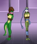 anthro bound braided_hair breasts duo featureless_breasts female hair non-mammal_breasts rope tail suicidedidart teenage_mutant_ninja_turtles teenage_mutant_ninja_turtles_(1987) the_next_mutation mona_lisa_(tmnt) venus_de_milo_(tmnt) reptile scalie turtle