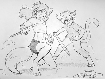 4_toes abs ambiguous_gender angry anthro barefoot bottomwear chest_wraps claws clenched_teeth clothed clothing dagger digitigrade duo feet fighting_pose hand_wraps heterochromia holding_dagger holding_melee_weapon holding_object holding_sword holding_weapon kneeling looking_aside male male_anthro melee_weapon midriff navel paws pose shorts sword teeth toe_claws toes weapon wraps conditional_dnp tom_fischbach twokinds keith_keiser natani basitin canid canine canis keidran mammal wolf 2022 graphite_(artwork) hi_res monochrome sketch traditional_media_(artwork) trans_(lore) trans_man_(lore)