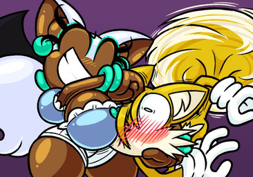 anthro big_breasts blush blush_lines boob_press bottomwear breast_smother breast_squish breasts clothed clothing duo female gloves handwear helicopter_tail huge_breasts jewelry male male/female noogie shocked shorts smile smothering spinning_tails squish tail frostlock sega sonic_the_hedgehog_(series) blush_the_bat miles_prower bat canid canine fox mammal red_fox true_fox