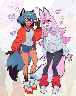 5_fingers anthro biped blue_hair blue_tail bottomwear breasts brown_body brown_fur claws clothed clothed_anthro clothed_female clothing duo female finger_claws fingers footwear front_view fully_clothed fully_clothed_anthro fully_clothed_female fur green_eyes hair open_clothing open_mouth open_smile open_topwear pants pink_body pink_fur pink_hair pink_tail red_eyes shoes smile standing tail teeth tongue topwear praquina brand_new_animal studio_trigger michiru_kagemori nazuna_hiwatashi canid canine fox mammal raccoon_dog tanuki 2025 4:5 absurd_res digital_drawing_(artwork) digital_media_(artwork) hi_res