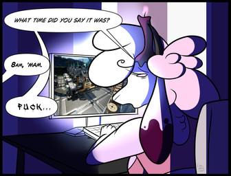 anthro breasts clothing computer electronics female gaming humor playing_video_game side_boob sleep_deprivation solo text tired_eyes underwear lexi_arts coffee_stain_studios hellaverse helluva_boss satisfactory_(game) belphegor_(helluva_boss) bovid caprine demon goat mammal absurd_res english_text hi_res