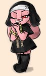 anthro beads black_clothing black_footwear clothed clothing eyebrows female footwear front_view garter_straps half-closed_eyes headgear headwear holding_object looking_at_viewer narrowed_eyes nun_habit nun_outfit one_eye_closed prayer_beads prayer_hands red_eyes religious_clothing religious_headwear simple_background smile smirk solo standing suggestive teeth young young_anthro soulcentinel third-party_edit squitoo_(colorist) cartoon_network the_amazing_world_of_gumball anais_watterson lagomorph leporid mammal rabbit 2023 2025 color_edit colored