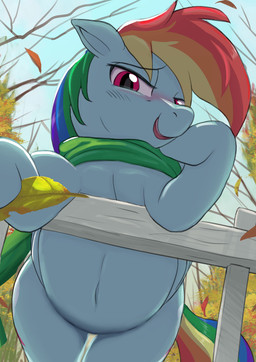 blush clothing day female feral hair hooves long_hair multicolored_hair multicolored_tail navel outside purple_eyes quadruped rainbow_hair rainbow_tail scarf solo tail wings neoshrek friendship_is_magic hasbro my_little_pony mythology rainbow_dash_(mlp) equid equine mammal mythological_creature mythological_equine pegasus absurd_res hi_res