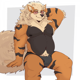 anthro arm_tuft armpit_hair belly black_body black_fur blush blush_lines body_hair bulge claws clothed clothing ear_piercing elbow_tuft eyewear front_view fur glasses happy_trail humanoid_hands looking_at_viewer male mane markings musclegut muscular muscular_anthro muscular_male navel neck_tuft orange_body orange_fur overweight overweight_anthro overweight_male piercing pokemorph pube_peek pubes red_eyewear red_lens red_sunglasses simple_background smile solo striped_markings stripes sunglasses topless topless_anthro topless_male tuft underwear underwear_only bezzeroo nintendo pokemon arcanine canid canine generation_1_pokemon mammal pokemon_(species) 2025 hi_res