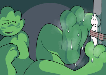3_toes anthro bdsm bodily_fluids bondage bound chest_tuft duo extreme_size_difference feet foot_fetish foot_focus foot_play green_body male male/male micro musk size_difference soles sweat sweaty_feet toes tuft cadgy humanoid hi_res