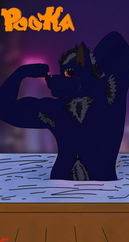 anthro armpit_hair barazoku blue_body blue_fur body_hair chest_hair ear_piercing fist flexing fur hair happy_trail logo male muscular night piercing solo swimming_pool pookashifts beithun_(pookashifts) canid canine canis mammal wolf absurd_res hi_res signature