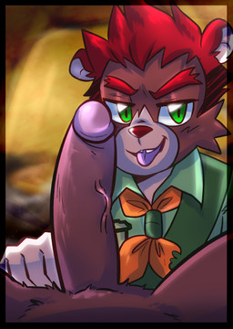 adult_on_young age_difference anthro big_penis black_nose boy_scout brown_body brown_fur countershade_face countershade_fur countershade_torso countershading duo erection eyebrows first_person_view fur genitals glans green_eyes hair humanoid_genitalia humanoid_penis imminent_oral larger_male looking_at_another looking_at_partner looking_at_viewer male male/male male_pov older_male open_mouth penis red_hair short_hair size_difference smaller_male teeth tongue tongue_out white_body white_countershading white_fur young young_anthro young_male younger_male syaokitty bear mammal 2026 hi_res