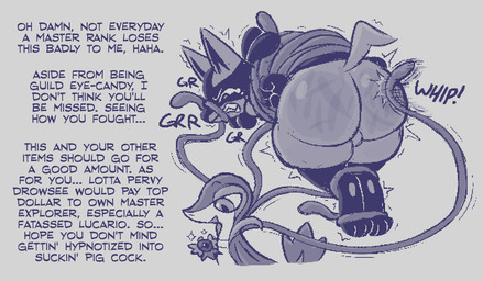 ambiguous_gender angry anthro arms_tied bad_end badge bared_teeth big_butt bodily_fluids bound bound_snout butt crying defeated dialogue duo feet_tied growling leaf leaf_tail legs_tied male male/ambiguous nude open_mouth pawpads paws plant sharp_teeth tail tears teeth text vines whipping whipping_butt zlut385 nintendo pokemon generation_4_pokemon generation_5_pokemon lucario pokemon_(species) snivy digital_drawing_(artwork) digital_media_(artwork) english_text monochrome