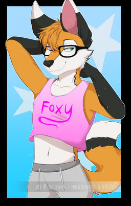 abstract_background anthro big_tail black_body black_fur black_nose blue_background bottomwear clothed clothing crop_top eyewear femboy fully_clothed fur glasses green_eyes grey_bottomwear grey_clothing grey_pants hair hand_behind_head legwear long_tail male multicolored_body multicolored_fur multicolored_tail navel one_eye_closed orange_body orange_fur pants pattern_background pink_clothing pink_shirt pink_topwear shirt simple_background smile snout solo standing star star-shaped_background star_polygon sweatpants tail text topwear white_body white_fur nockynthesis haiku_(haikufox) canid canine fox hybrid mammal 2017 digital_media_(artwork) english_text hi_res watermark