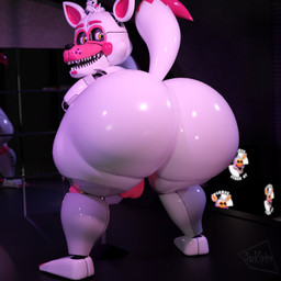 anthro backsack balls big_butt black_nose bubble_butt butt dipstick_tail eyebrows genitals huge_butt huge_thighs hyper hyper_butt lipstick looking_back machine makeup male markings on_model pink_cheeks pink_eyebrows pink_lipstick pink_markings rear_view sharp_teeth solo tail tail_markings teeth thick_thighs white_body yellow_eyes darkspite five_nights_at_freddy's scottgames sister_location funtime_foxy_(fnaf) animatronic canid canine fox mammal robot 1:1 2026 3d_(artwork) digital_media_(artwork) english_description hi_res